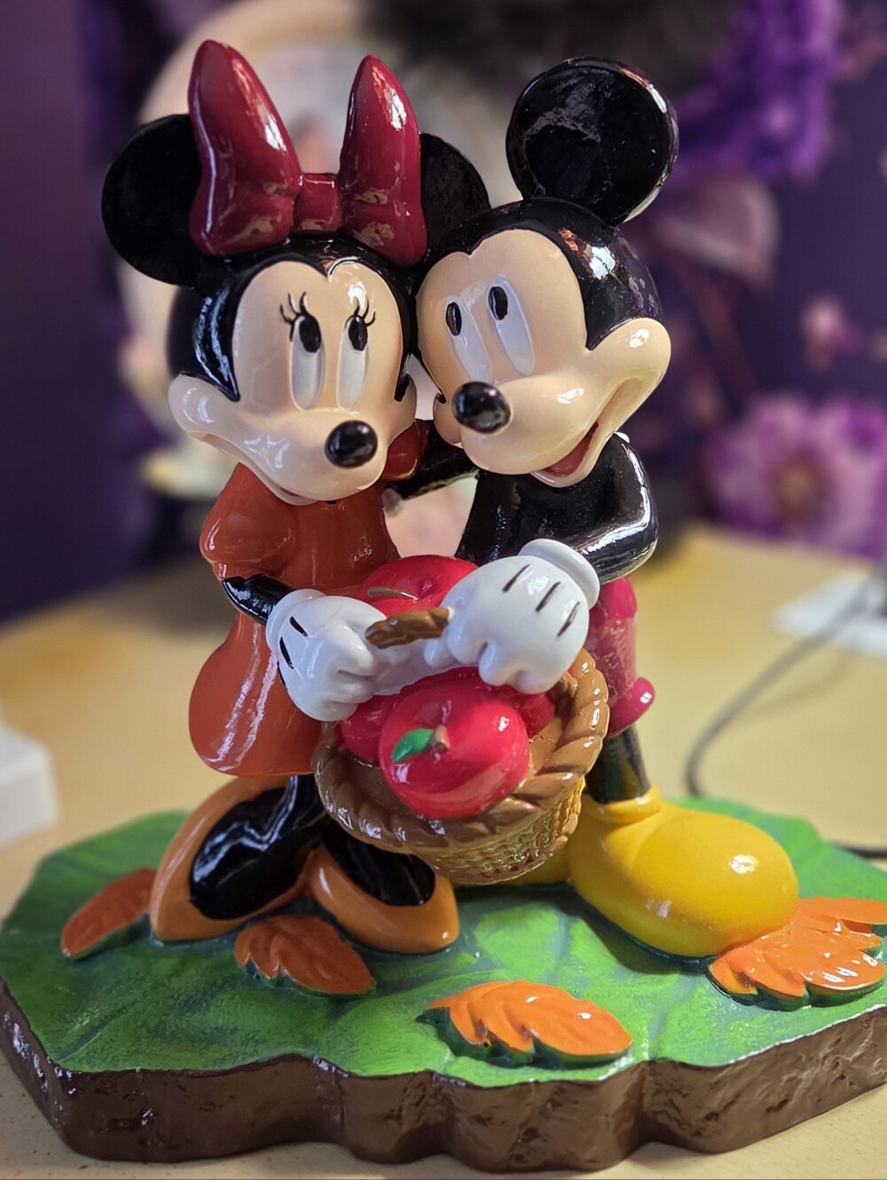 Disney Minnie and Mickey Figurine with Red Bow, Red Apples and Yellow Shoes